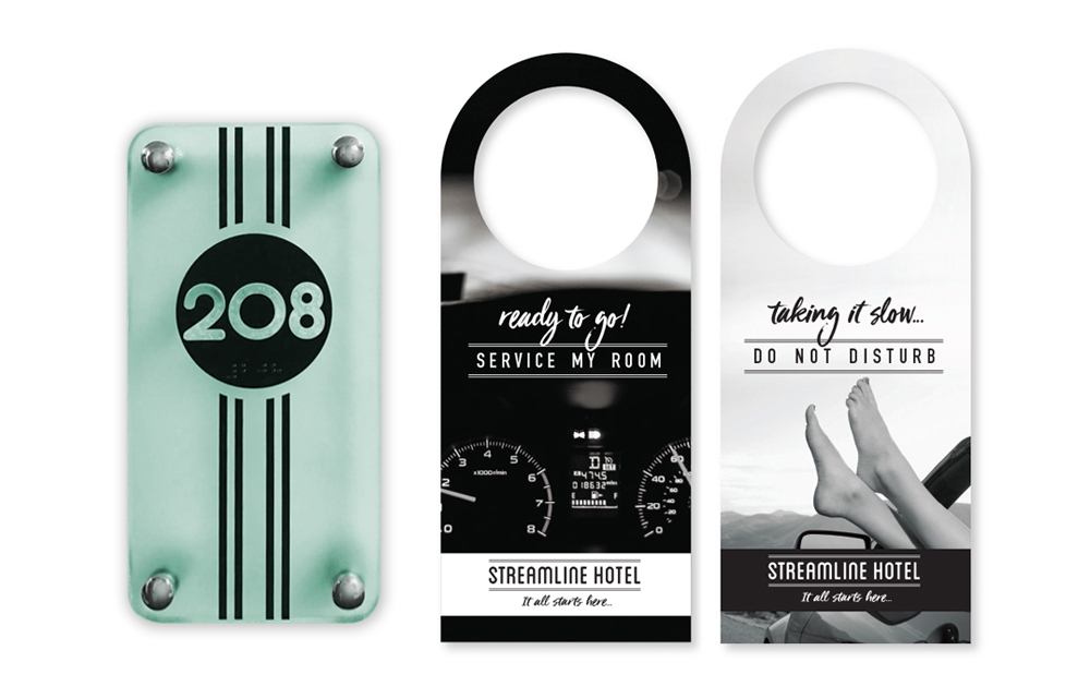 Race car inspired room signage and “Do Not Disturb” door hanger